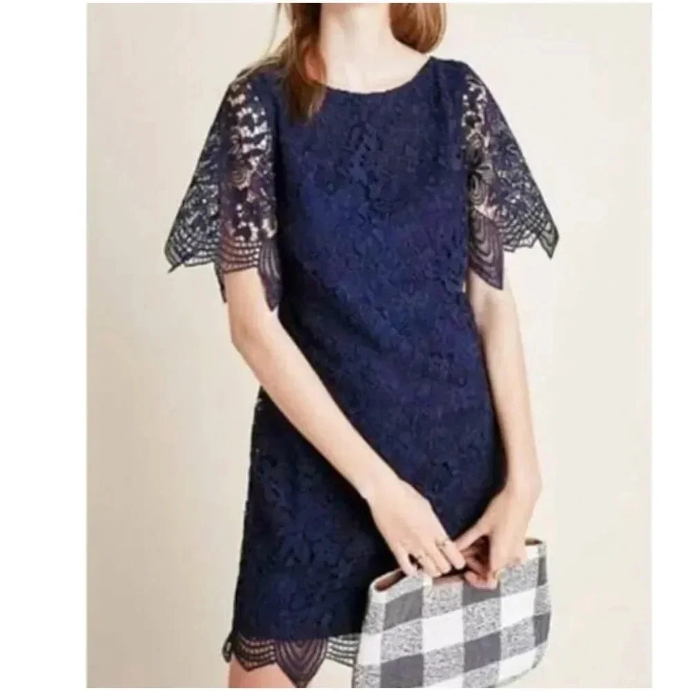 Anthropologie Charleston Lace Dress Navy Blue Scalloped Hem Feminine Chic Size 2